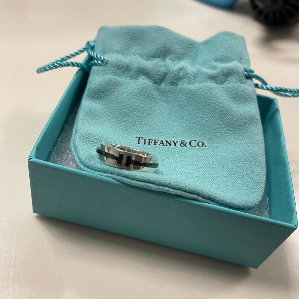Tiffany & Co. T Wide Ring 5mm, Sterling Silver and Titanium, Size 6.5